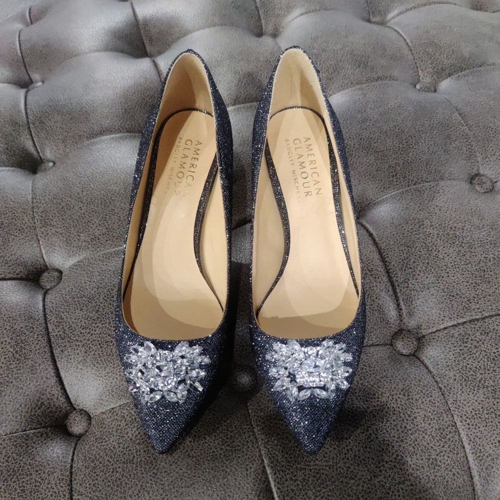 Badgley Mischka Navy Sparkle Pointed Toe Heels with Crystal Embellishment